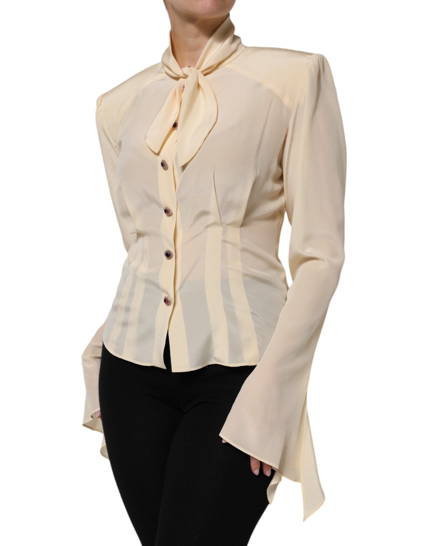 Dolce & Gabbana Light Yellow Ascot Collar Buttoned Blouse Women's Top ()