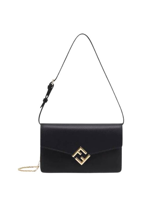 Fendi FF Logo Chain Diamond Leather Cross Bag Black