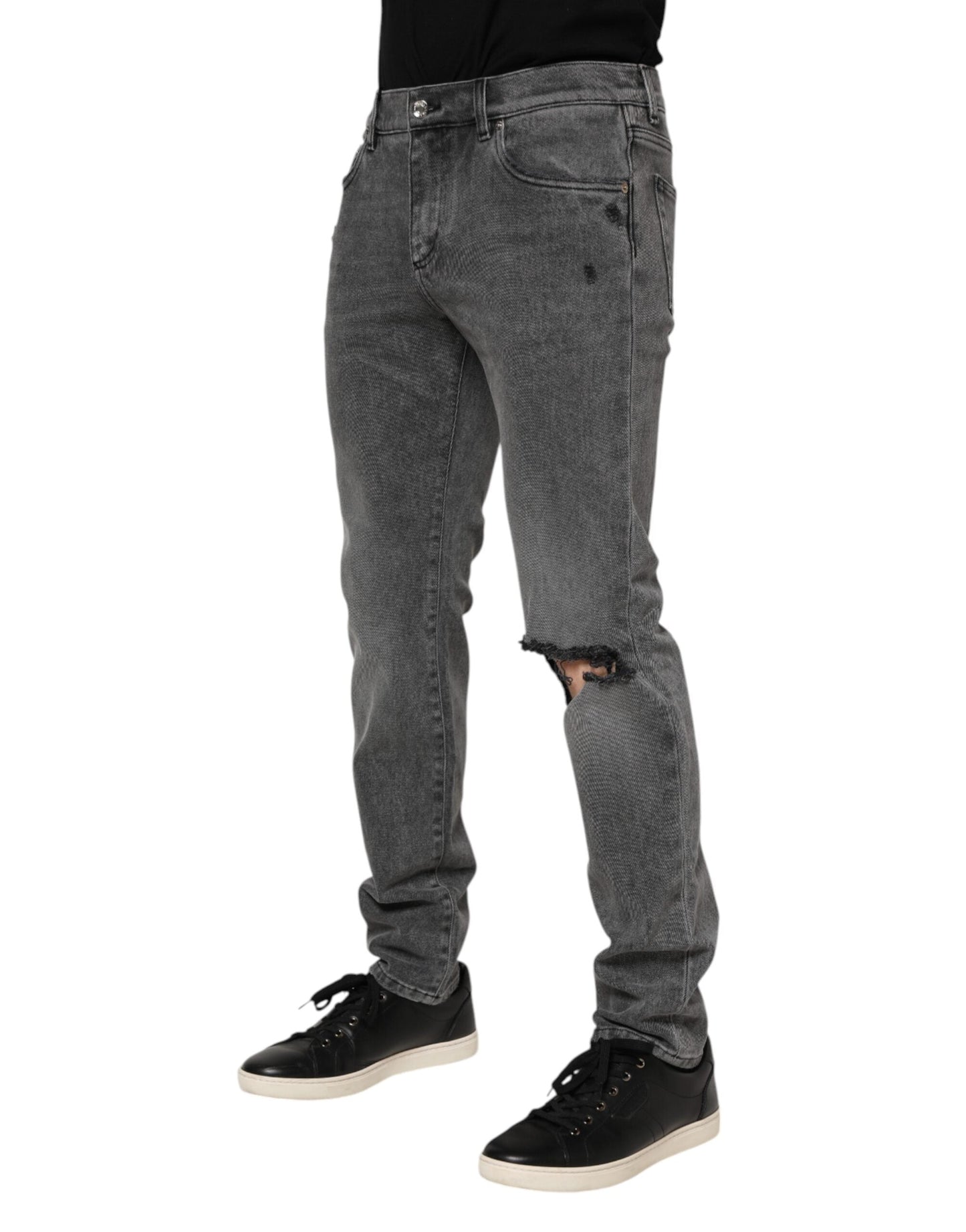 Dolce & Gabbana Gray Cotton Logo Plaque Denim Men's Jeans