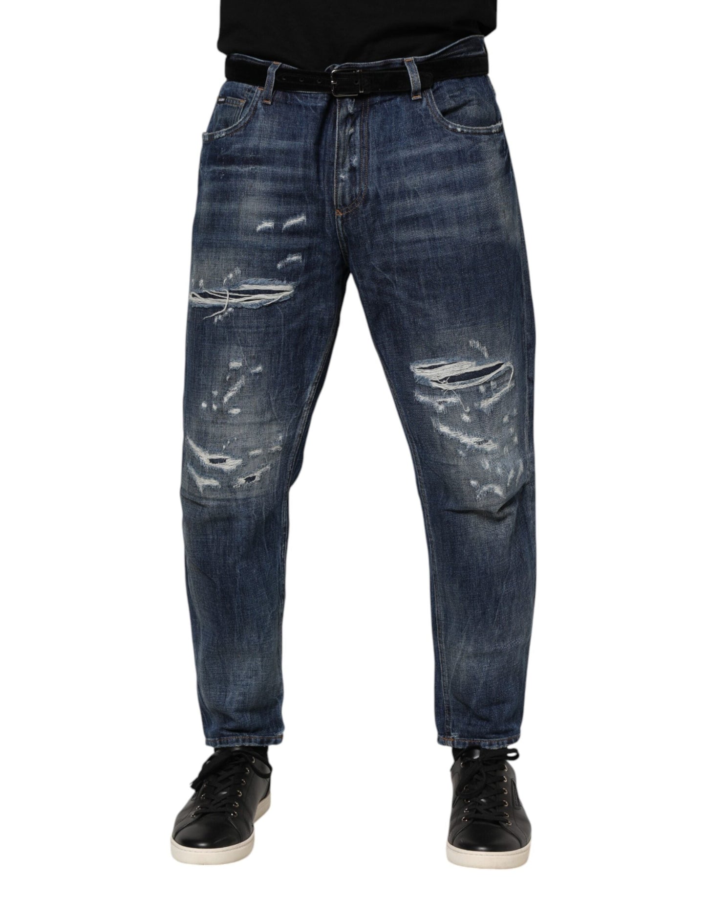 Dolce & Gabbana Blue Cotton Tattered Tapered Men Denim Men's Jeans