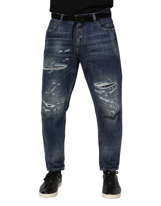 Dolce & Gabbana Blue Cotton Tattered Tapered Men Denim Men's Jeans