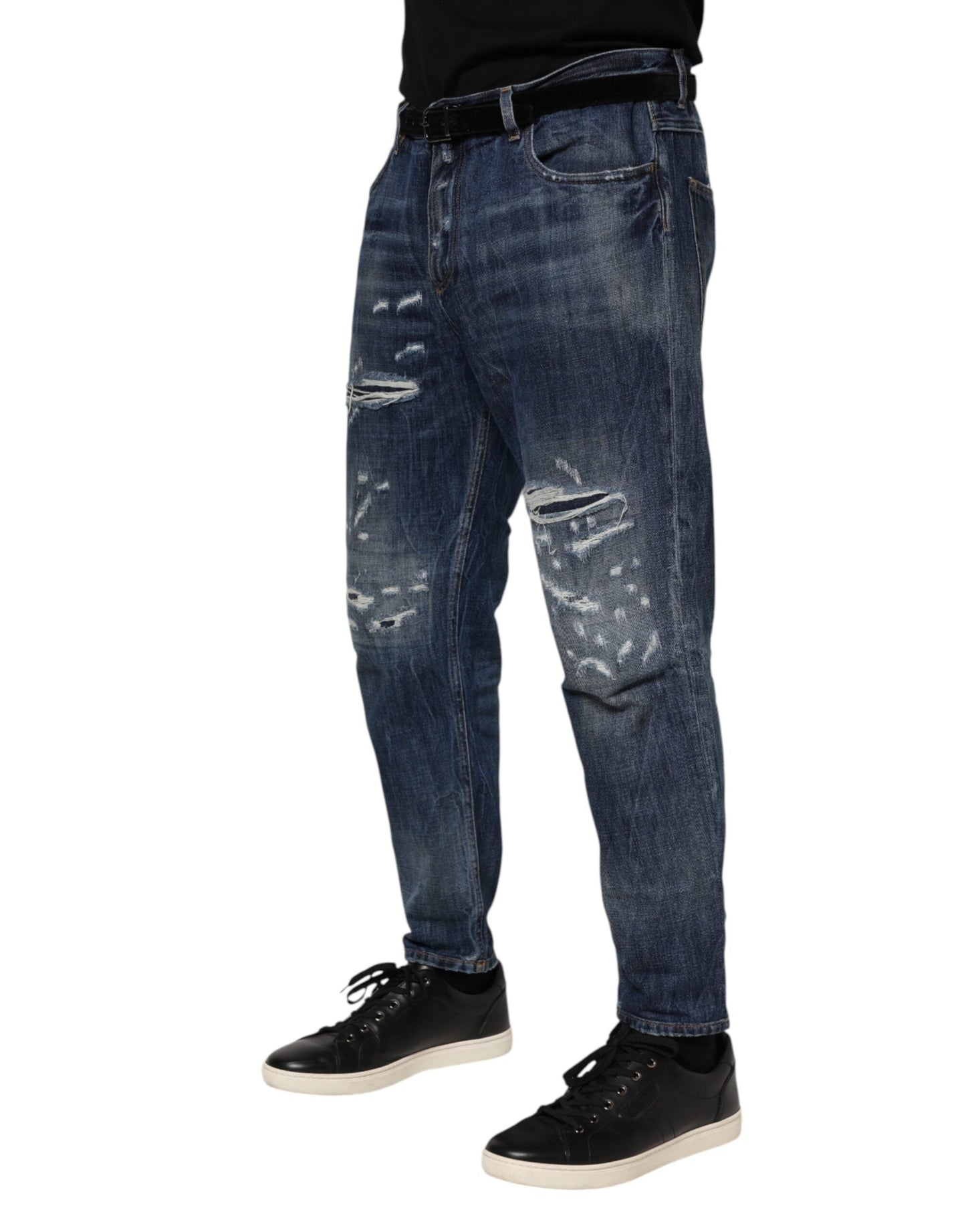 Dolce & Gabbana Blue Cotton Tattered Tapered Men Denim Men's Jeans