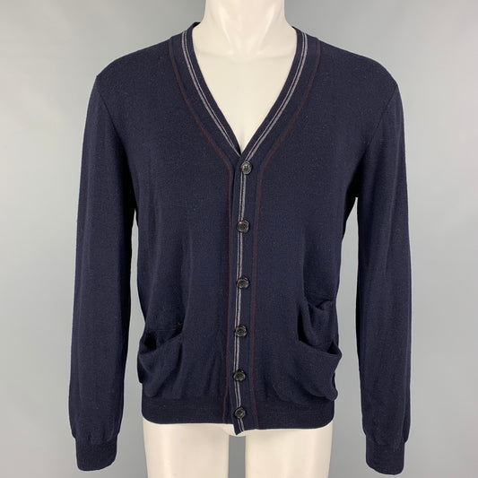 PRADA Size L Navy Contrast Trim Wool V-Neck Cardigan