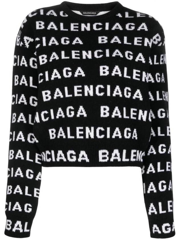 Balenciaga Intarsia All-Over Logo Crew Neck Knit Top Black
