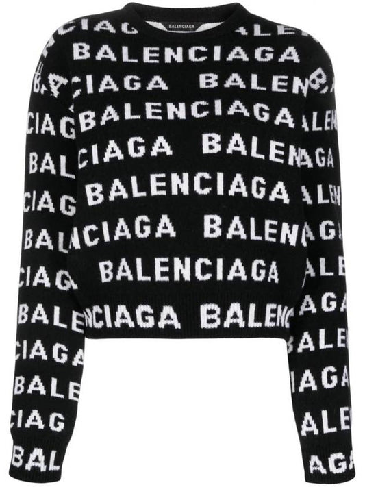 Balenciaga Intarsia All-Over Logo Crew Neck Knit Top Black