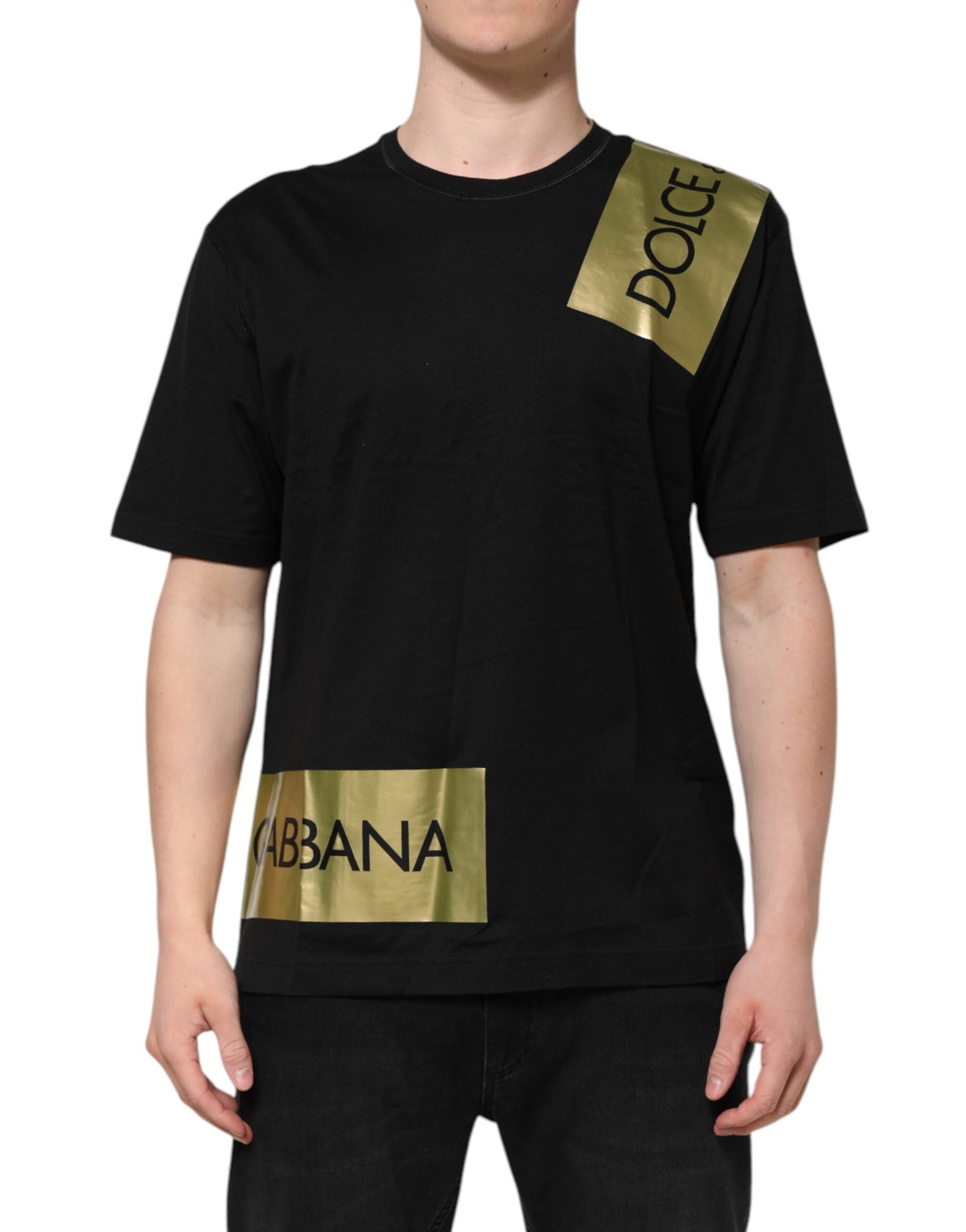 Dolce & Gabbana Black Logo Tape Cotton Men Crew Neck Men's T-shirt