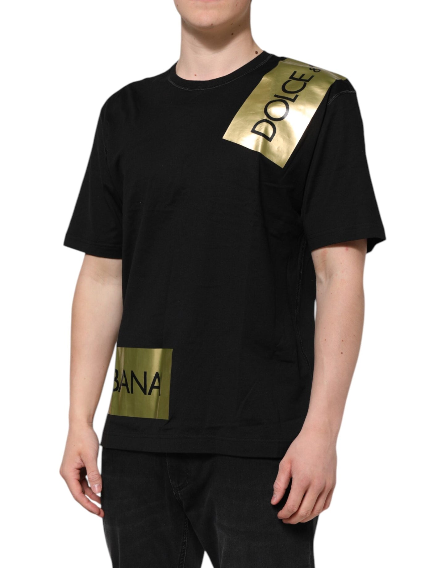 Dolce & Gabbana Black Logo Tape Cotton Men Crew Neck Men's T-shirt