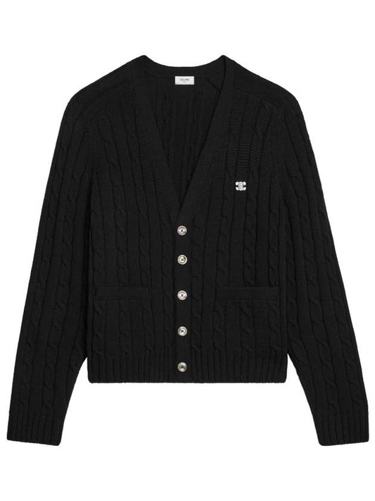 CELINE Triomphe Embroidered Cable Knit Cashmere Cardigan Black