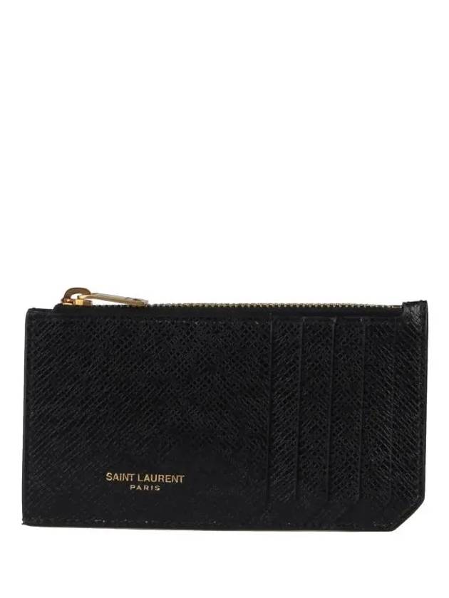 Saint Laurent Coated Bark Leather Fragment Zipper Card Wallet Black