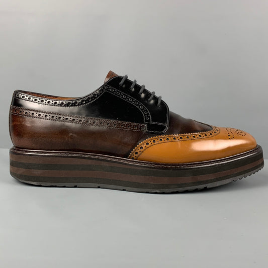 PRADA Size 10 Brown Tan Perforated Leather Wingtip Lace Up Shoes