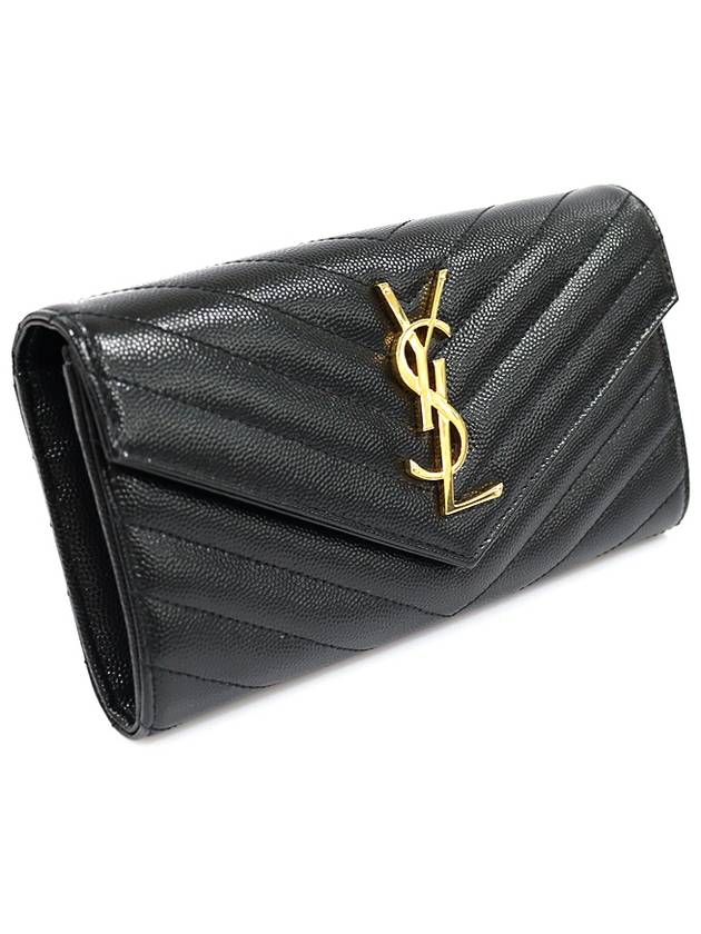 Saint Laurent 372264 Black Grande Poudre Textured Matelasse Large Monogram Gold Flap Long Wallet
