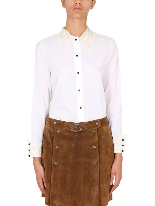 Saint Laurent Women's Lace Trimmed Long Sleeve Shirt White