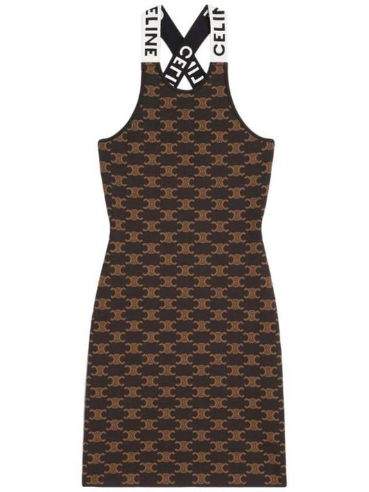 CELINE Monogram Silk Cotton Short Dress Brown