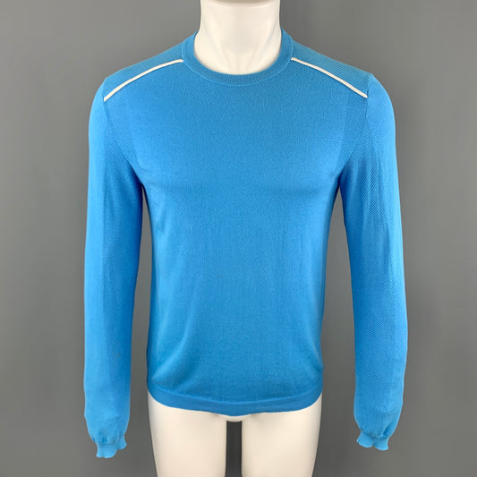 PRADA Size XS Aqua Cotton Crew-Neck White Trim Pullover Sweater