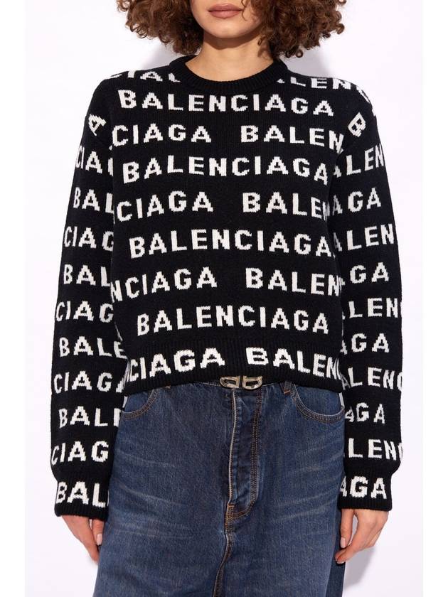 Balenciaga Intarsia All-Over Logo Crew Neck Knit Top Black