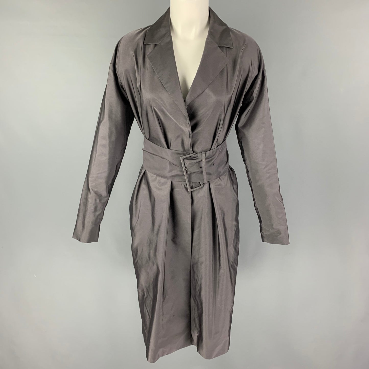 PRADA Size 4 Grey Silk Belted Coat