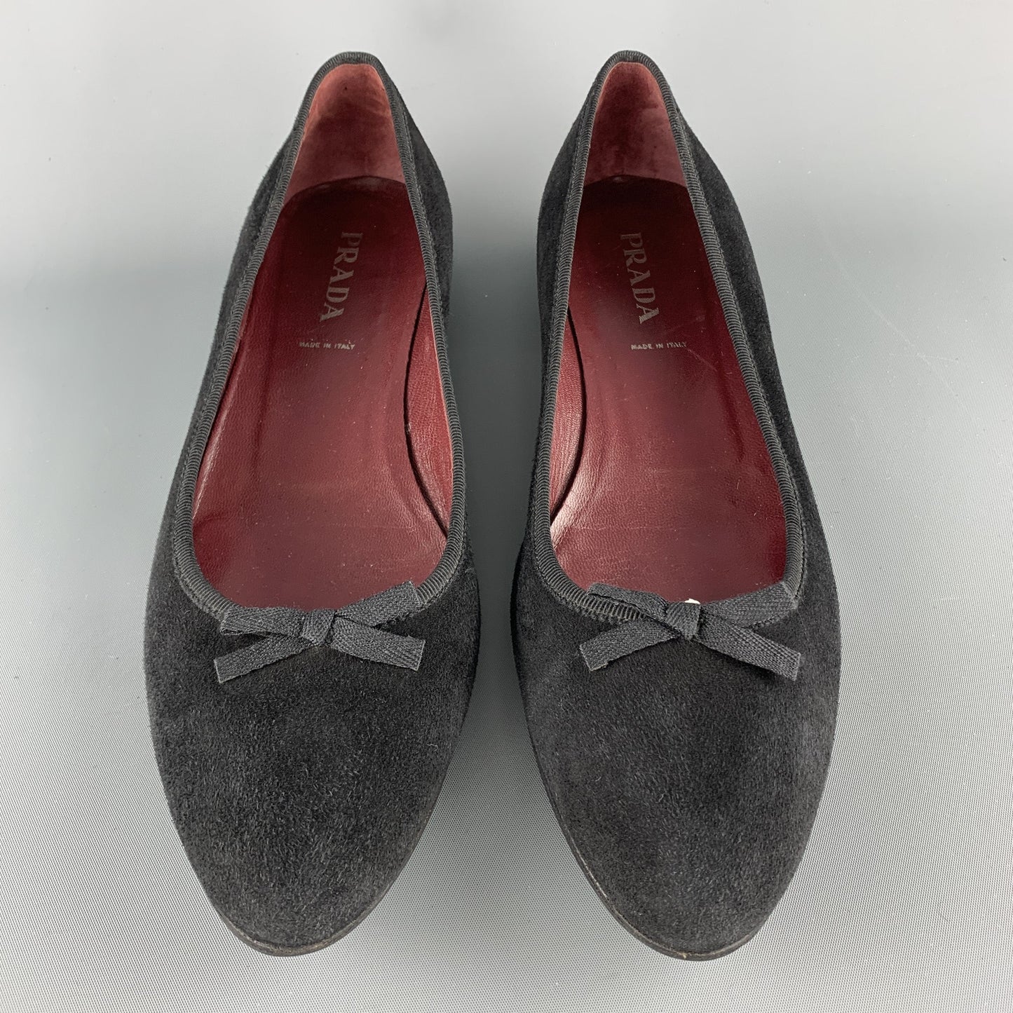 PRADA Size 10.5 Black Suede Pointed Bow Flats