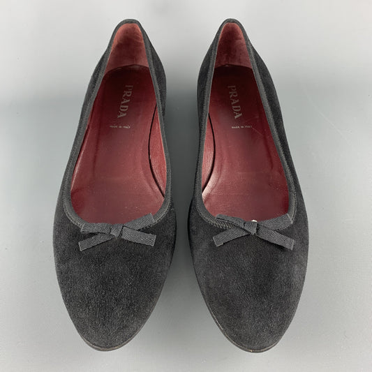 PRADA Size 10.5 Black Suede Pointed Bow Flats