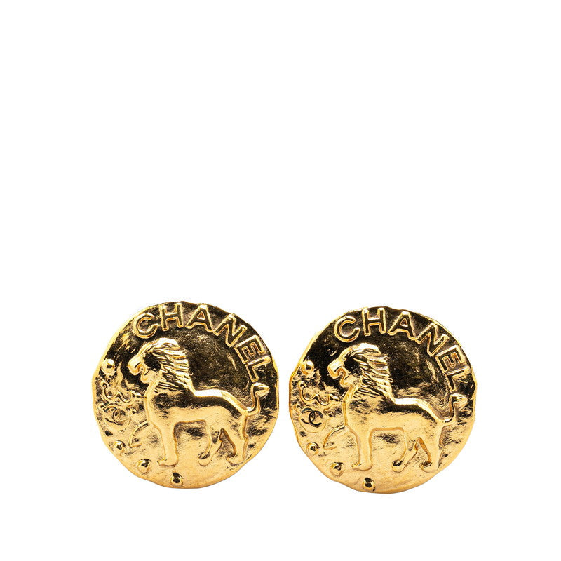 Chanel Lion Motif Round Earrings Gold