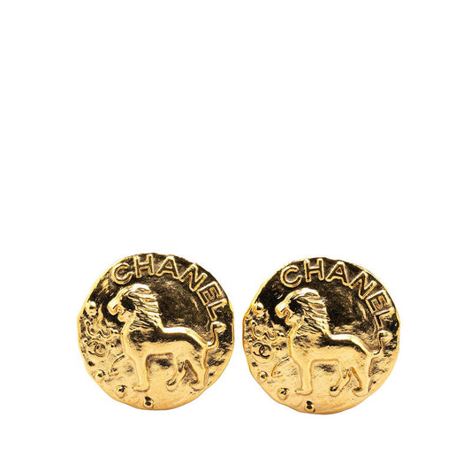 Chanel Lion Motif Round Earrings Gold