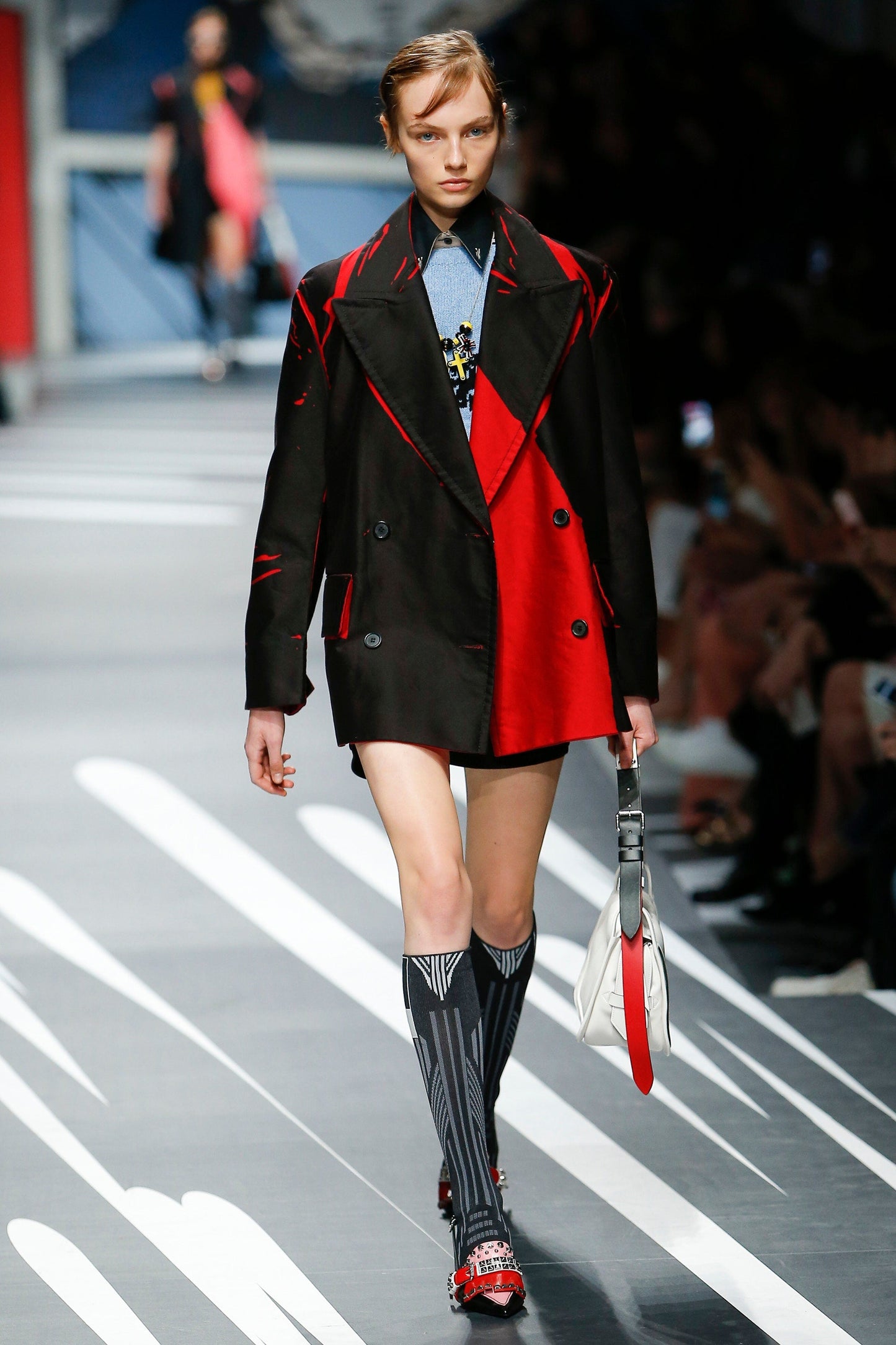 PRADA SS 2018 Size S Brown & Red Print CottonDouble Breasted Pea Coat