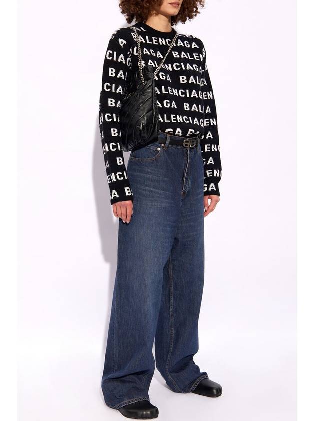 Balenciaga Intarsia All-Over Logo Crew Neck Knit Top Black