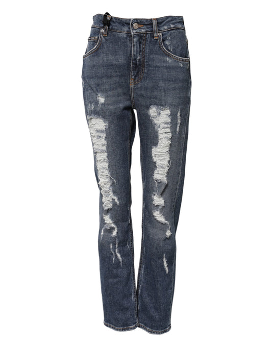 Dolce & Gabbana Blue Cotton Boyfriend Tattered Denim Women's Jeans