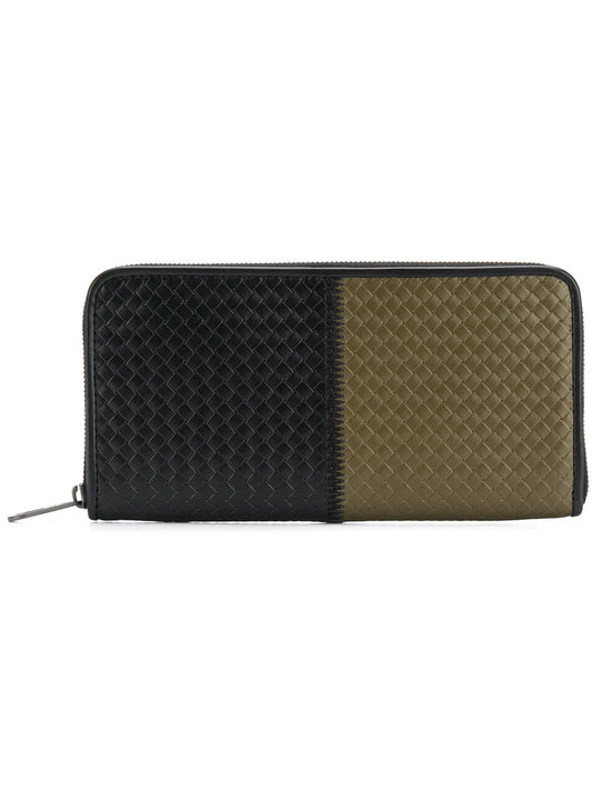 Bottega Veneta Two Tone Leather Continental Zip Around Wallet ONE SIZE Black,Brown