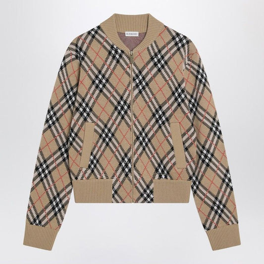 BURBERRY Check Wool Zip-Up Cardigan for Women