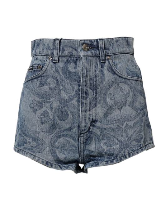 Dolce & Gabbana Blue Floral Print Denim Cotton Hot Pants Women's Shorts