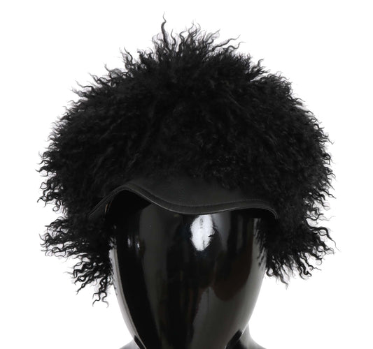 Dolce & Gabbana Black Tibet Lamb Fur Leather Gatsby Women's Hat