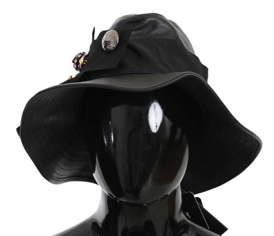 Dolce & Gabbana Black Leather DG Coin Crystal Wide Brim Women's Hat