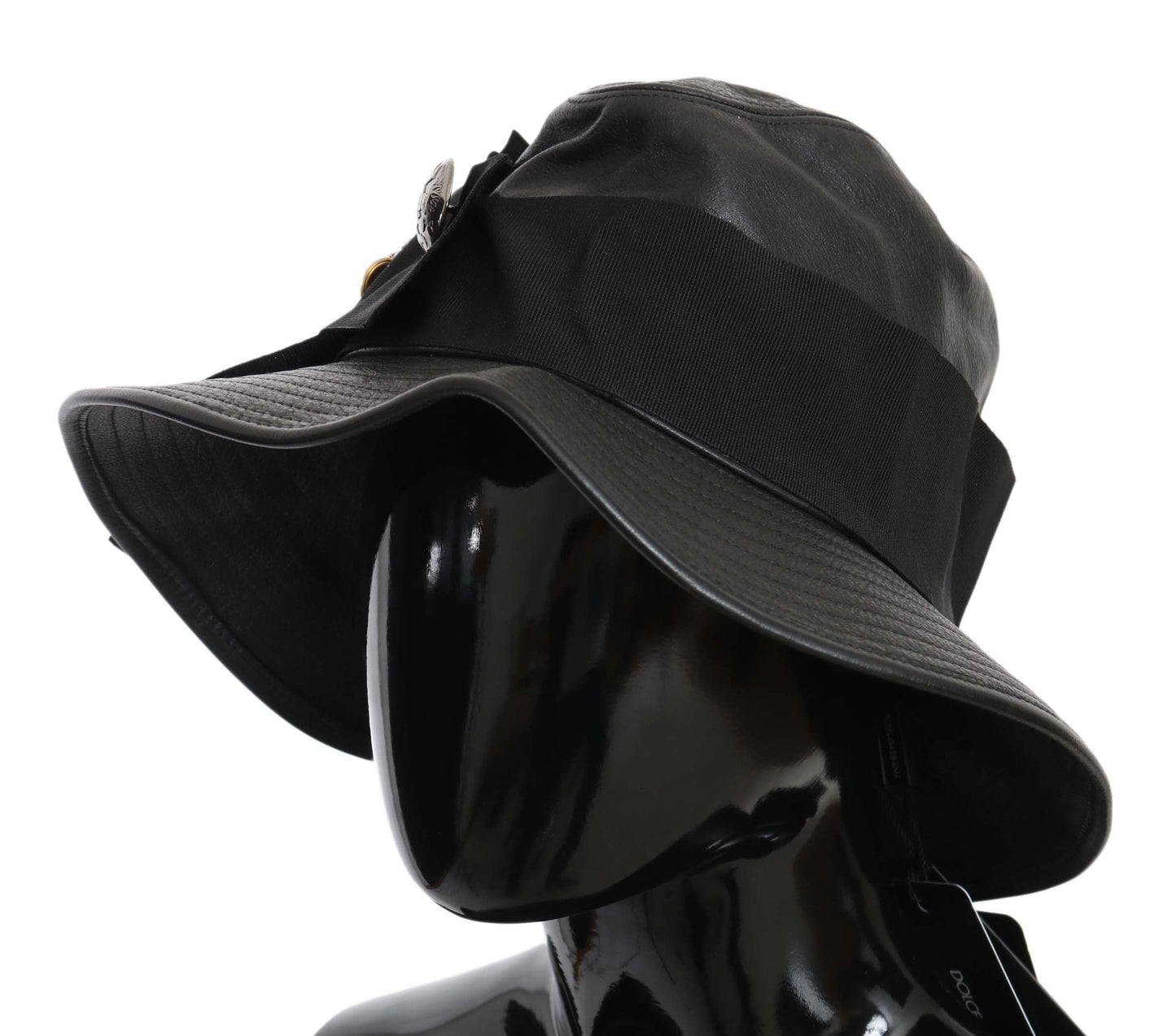 Dolce & Gabbana Black Leather DG Coin Crystal Wide Brim Women's Hat