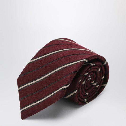 Saint Laurent Bordeaux Striped Tie In Wool And Silk Men