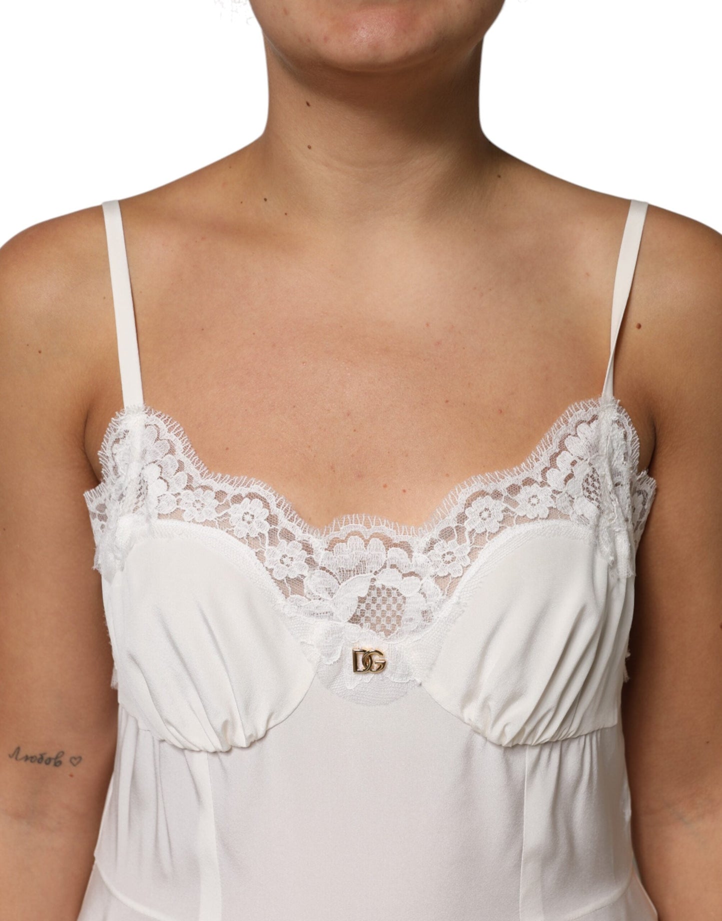 Dolce & Gabbana White Lace Gold DG Logo Silk Dress Women's Sleepwear