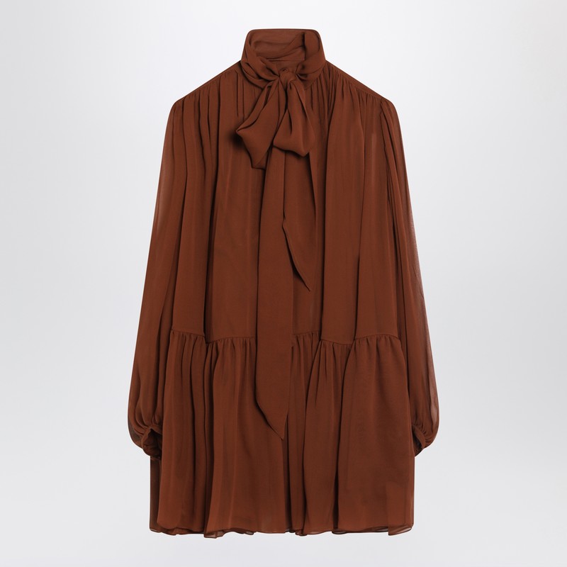 Saint Laurent Rust-Colored Lavallière Silk Dress Women