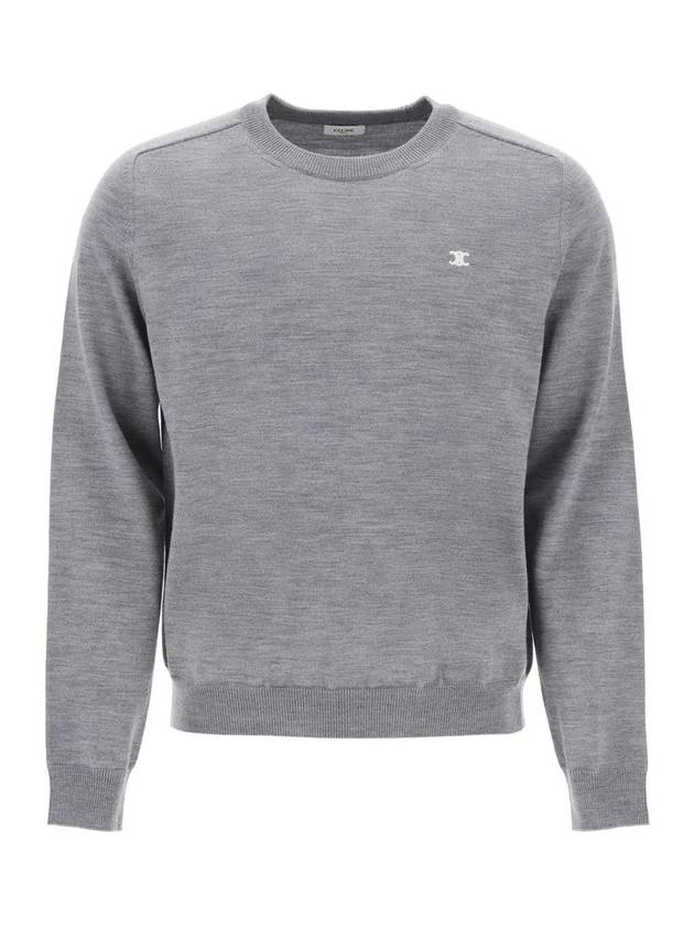 CELINE Triomphe Crew Neck Wool Knit Top Grey