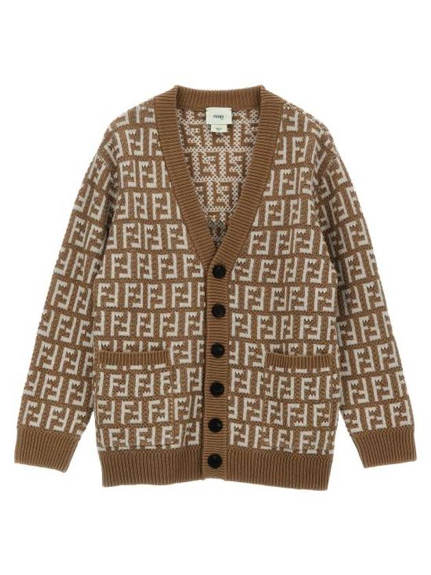 Fendi Kids FF Logo V-Neck Cardigan Brown