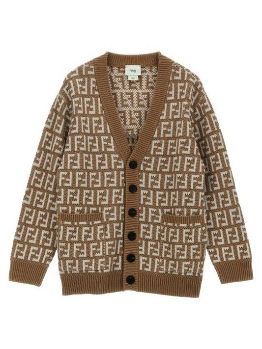 Fendi Kids FF Logo V-Neck Cardigan Brown