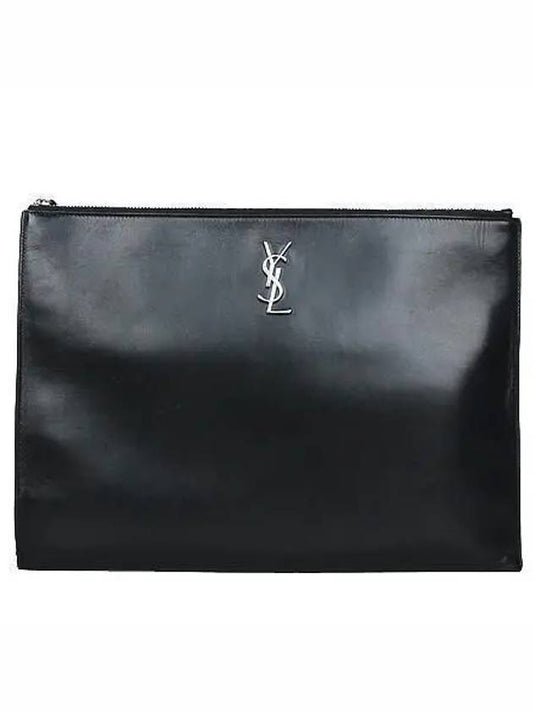 Saint Laurent 534680 Black Monogram Silver Logo Large Clutch Bag