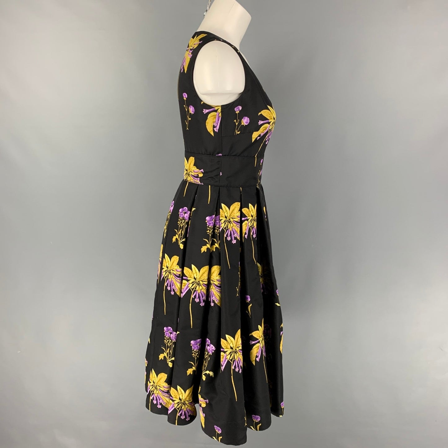 PRADA Size 4 Black Yellow Purple Floral Silk Pleated Cocktail Dress