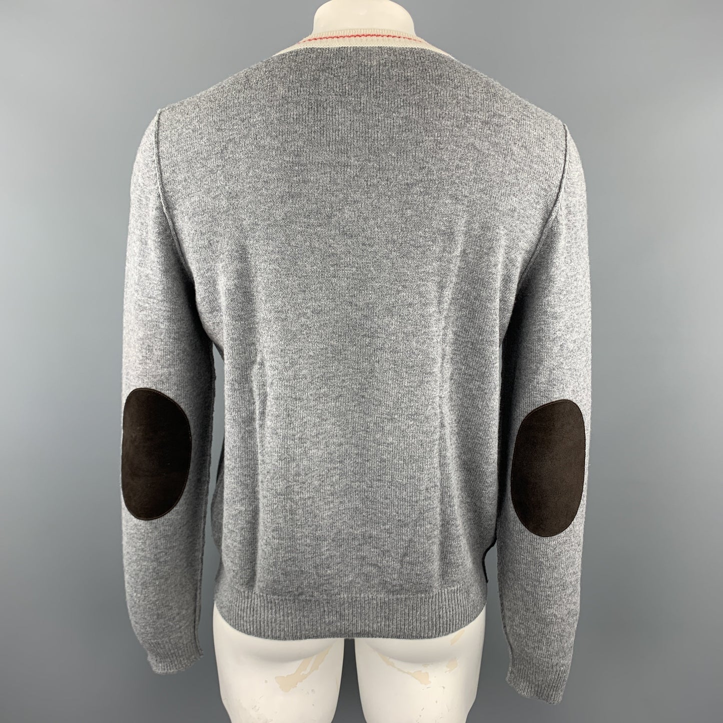 PRADA Size L Gray Wool V-Neck Beige Trim Elbow Patch Pullover Sweater
