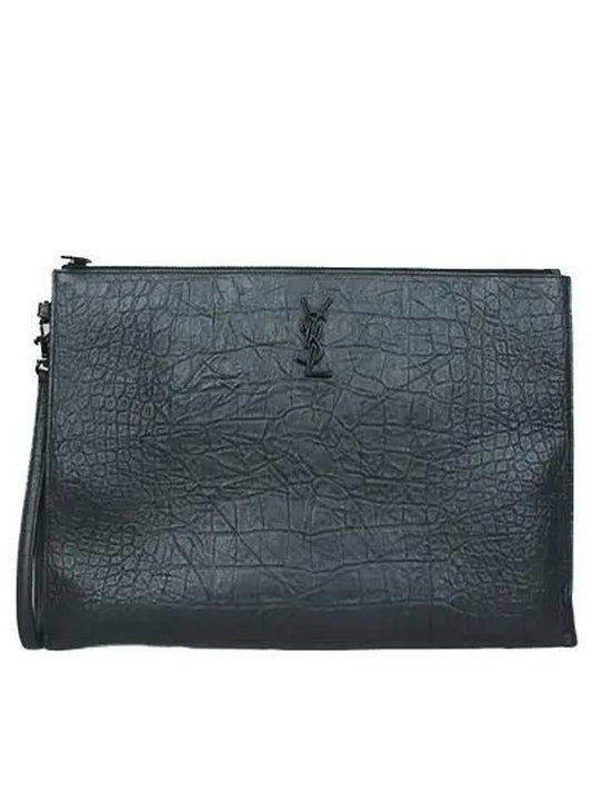 Saint Laurent 667691 Black leather crocodile pattern tablet case clutch bag