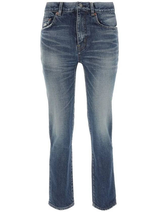 Saint Laurent Logo Patch High Waist Jeans Blue