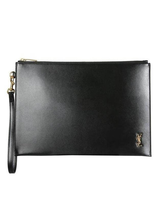 Saint Laurent Tiny Cassandre Shiny Leather Zip Tablet Clutch Bag Black