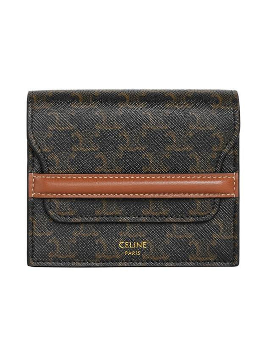 CELINE Triomphe Canvas Strap Business Card Half Wallet Tan
