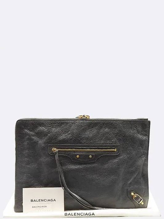 Balenciaga 362967 Gray leather classic motor gold zip up decoration clutch bag