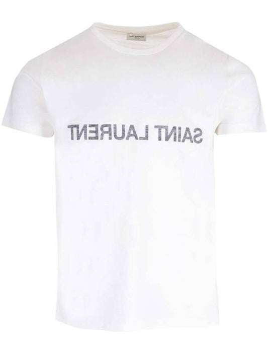 Saint Laurent Reverse Logo Print Cotton Short Sleeve T-Shirt White