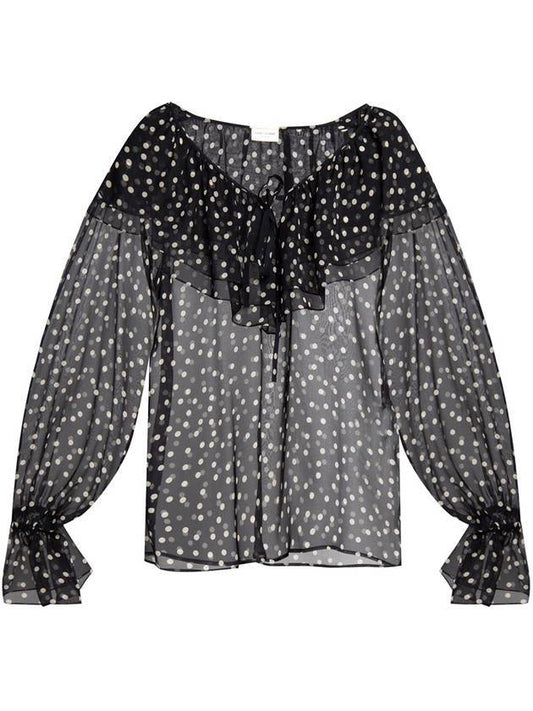 Saint Laurent Women's Ruffle Detail Polka Dot Blouse Black
