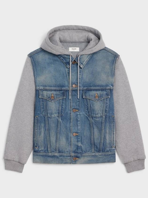 CELINE Logo Union Wash Denim Trucker Hooded Jacket Blue